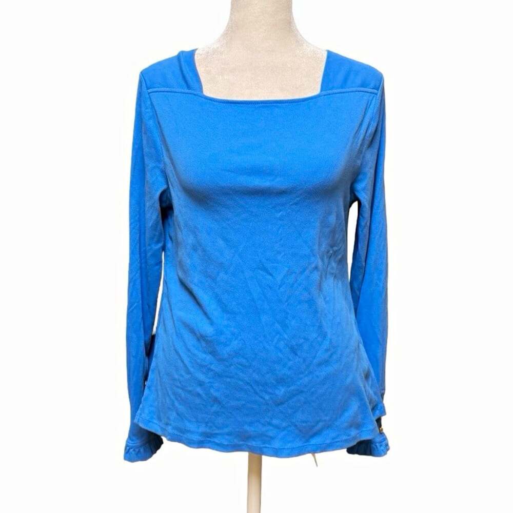 Lauren Ralph Lauren Blue Square Neck Long Sleeve Cotton Knit Top Button L
